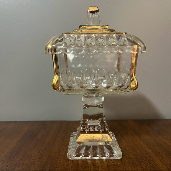 Mid-Century Modern gold-trimmed glass candy dish with a lid. - Picture 5 of 14